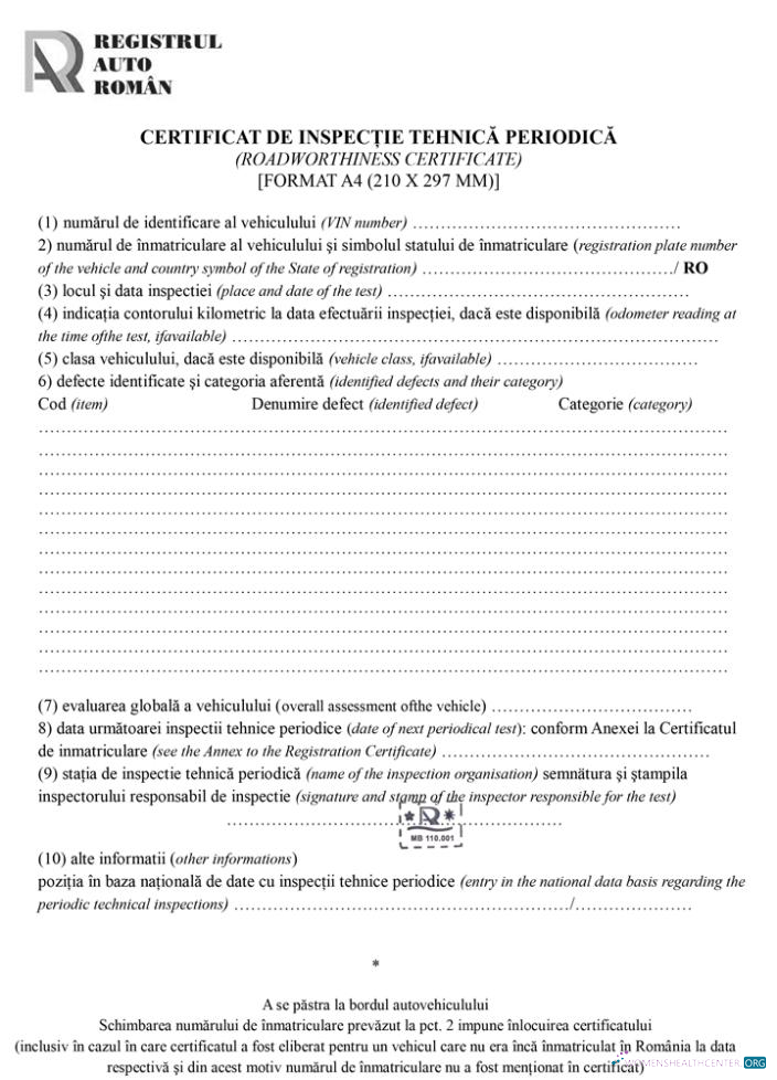 Romania Registrul Auto Român Periodic technical inspection certificate (roadworthiness certificate) scr